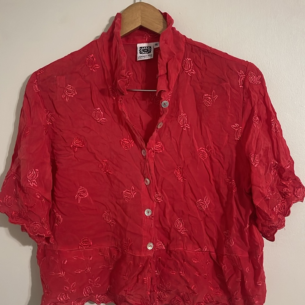 Vintage JOHNNY WAS Women Blouse Tunic Boho Peasant Floral Embroidered Red M - Picture 2 of 7